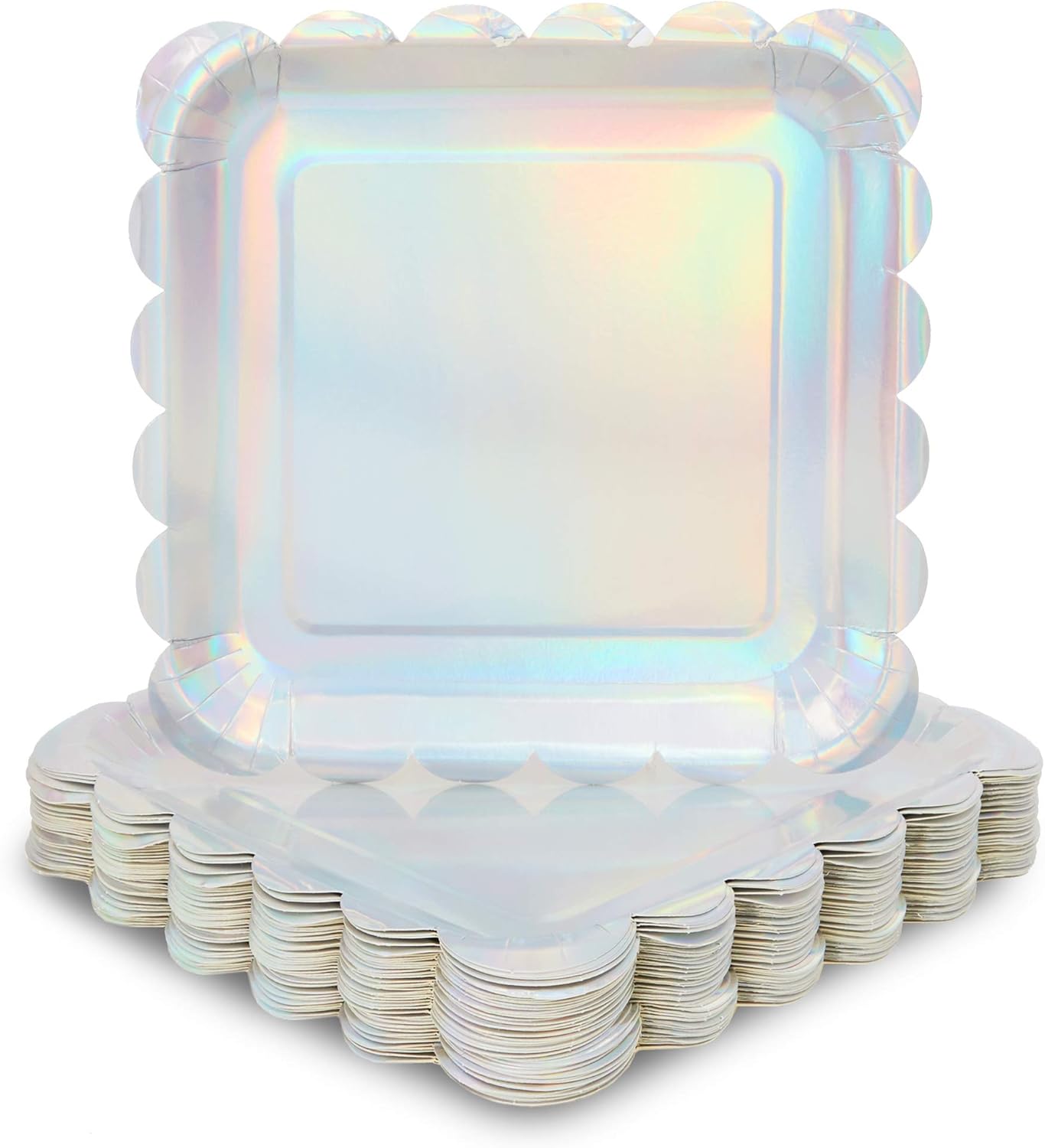 Holographic Silver Foil Square Paper Plates, Scalloped Edge