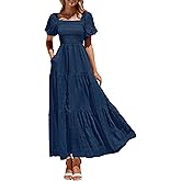 PRETTYGARDEN Womens Summer Puff Short Sleeve Maxi Dress Square Neck Smocked Tiered Ruffle A Line Long Flowy Beach Dresses