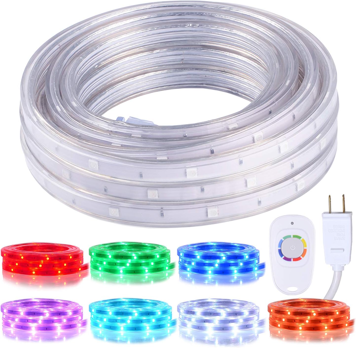 Areful 16.4ft Plugin LED Rope Lights, Flat Flexible Strip Lights, Color Changing with RF Remote Control, Waterproof and Connectable for Indoor Outdoor Decoration, 7 Colors and Multiple Modes