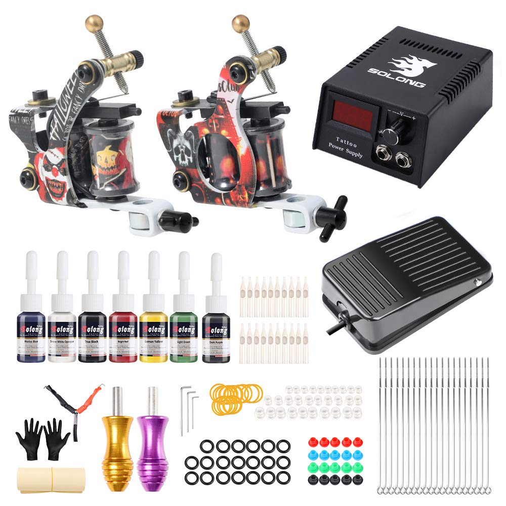Amazon.com: Solong Complete Tattoo Kit 2 Pro Coil Tattoo Machine Gun  Professional Beginner Tattoo Kit 7 Color Inks Power Supply Foot Pedal  TK216: Beauty