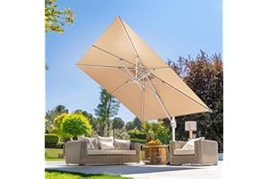 wikiwiki 10x10 FT Cantilever Patio Umbrella, Offset Umbrella Outdoor Patio with 360° Rotation and Unlimited Tilting System, Heavy Duty Umbrella with Cross Base, Beige