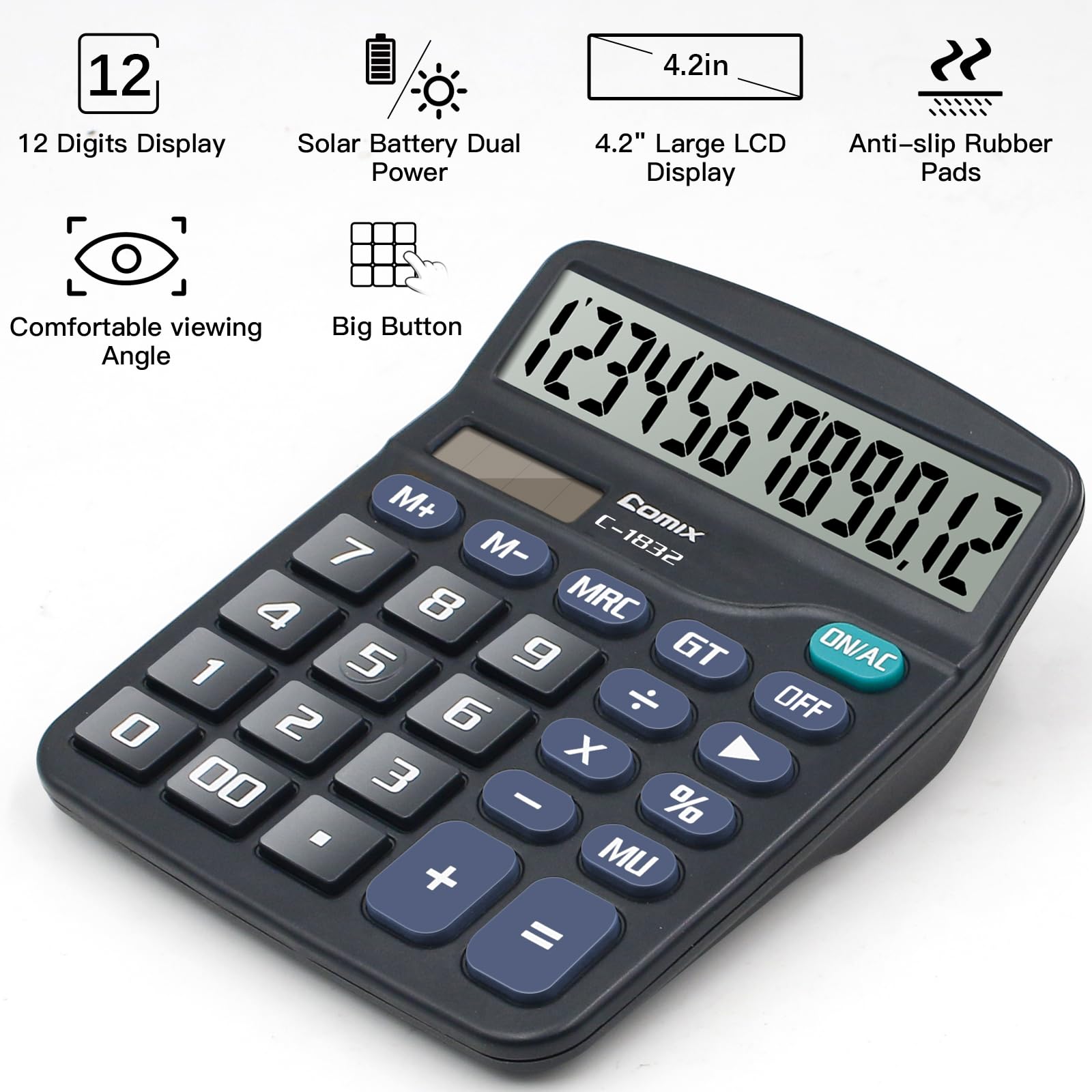 Comix Desktop Calculator 12 Digit with Large LCD Display and Big Button, 12 Digits Baisc Calculator, Solar Battery Dual Powered, for Office Home School C-1832 (Black)