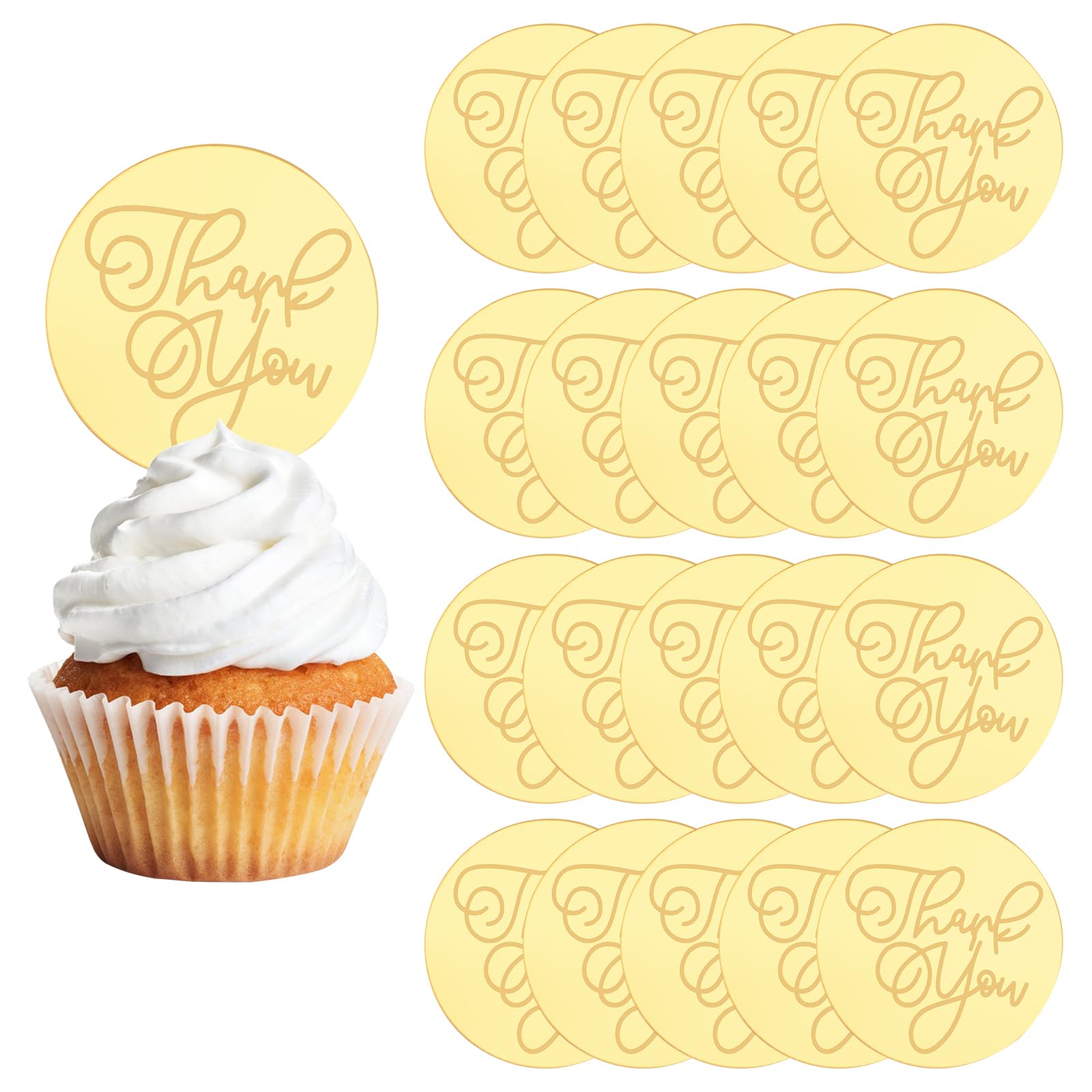 URROMA Cupcake Toppers - 20 Pcs Round Thank You Cake Discs & Picks, Personalized Acrylic Cake Decoration