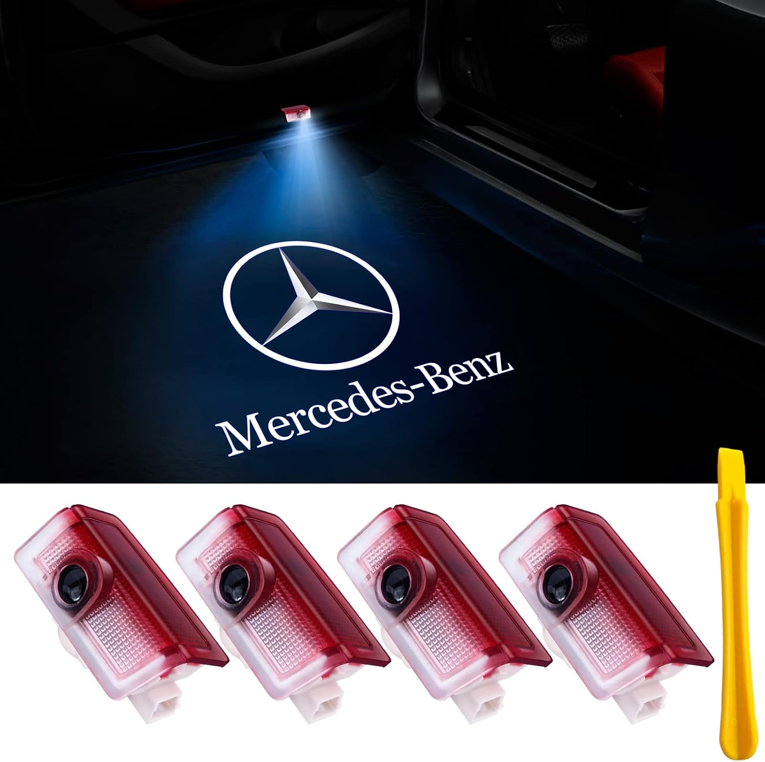 Car Door Lights Logo Projector LED Welcome Lights Accessories, Compatible with A-, B-, C-, E-, M-, GL-, GLA-, GLC-, GLE-, and GLS-Class Models (W205, W213, W166); Plug-and-Play (4-piece Set)