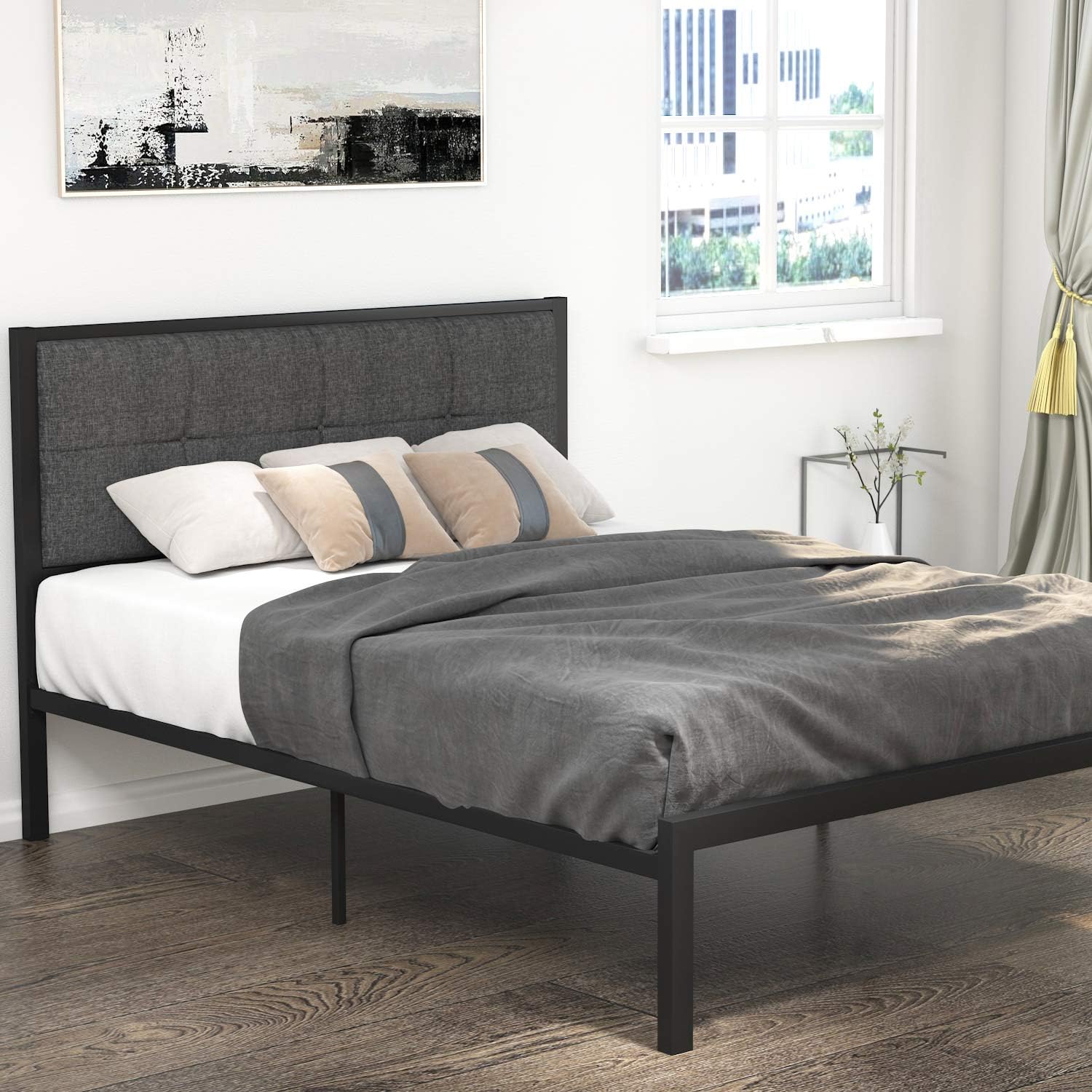 Amolife Twin Size Bed Frame with Headboard,No Box Spring Needed,Heavy Duty Steel Slat, Anti-Slip Support, Easy Assembly,Dark Gray