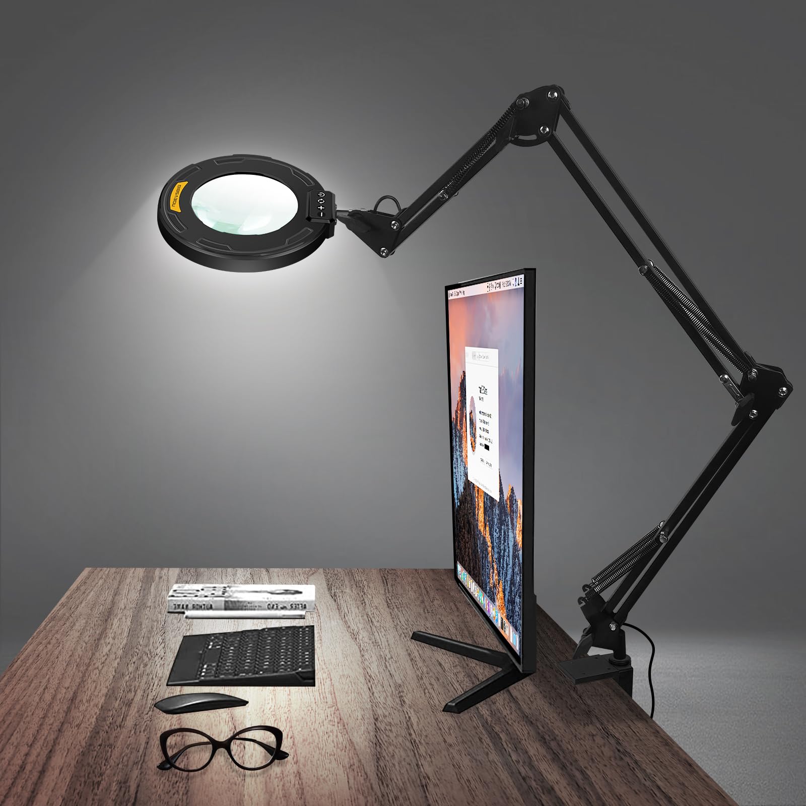 Photo 1 of Magnifying Glass with Light 12X Magnifier Desk Lamp Close Work Up for Desktop Crafting, Reading, Sewing, Soldering, Ultra Long Swing Arm 3-Section 5 Color Modes Cool Design Head Controller
