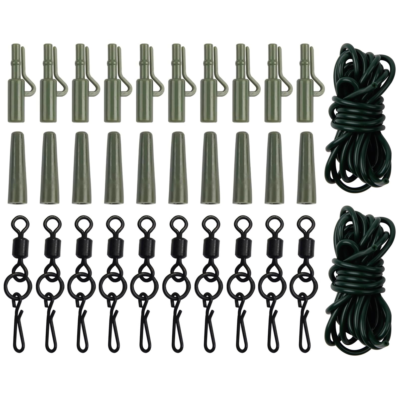 32pcs Carp Fishing Leader-Clips Bait Making Leader Rigs Quick Change Swivels 2M Rubber Tube Sleeves for Carp Hair Rigs Fishing Terminal Tackle