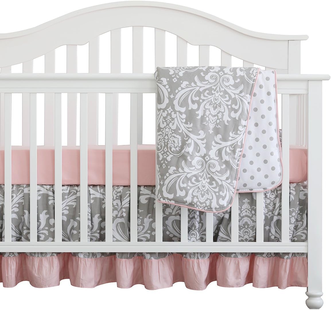 3 pcs Set Boho Floral Ruffle Baby Blanket Baby Nursery Crib Skirt Set Baby Girl Crib Bedding (Grey Pink)