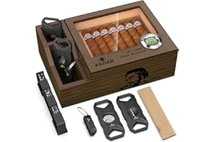 KEJIAR Cigar Humidor with 2 Side Cigar Accessories Boxes,Glass Top Cedar Small Cigar Humidor with Cigar Cutter,V-Cutter, Humidifier and Digital Hygrometer, Cigar Gifts for Men