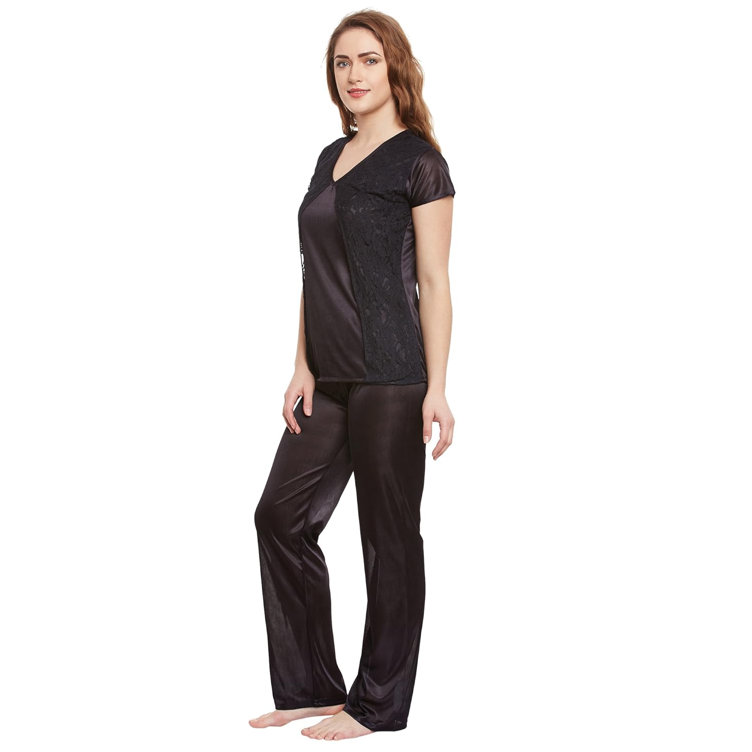 claura stylish women satin night suit with lace work pyjama set