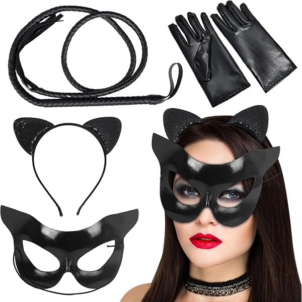 Kit De Disfraz De Gata Negra Con Diadema De Orejas, Guantes Con Garras, Collar Y Máscara De Ojos, Accesorios Para Halloween Y Cosplay De Mujer
