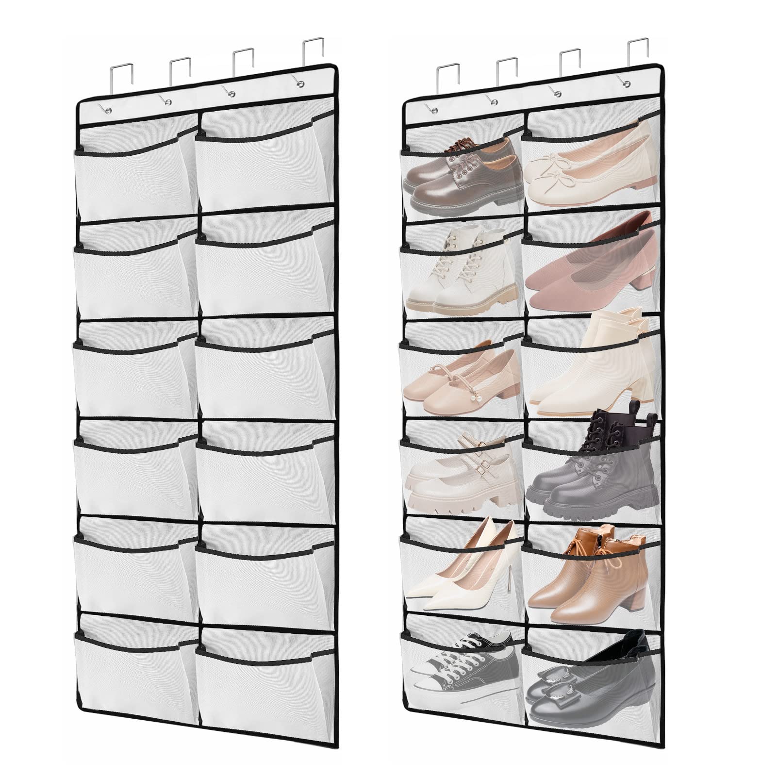 VASZOLA 2 Packs Over the Door Shoe Organizer, 24 Extra Large Mesh Pockets Hanging Shoe Boots Rack Holder, Closet Hanging Organizers for Storage Sneakers High Heeled Shoes Slippers (White)