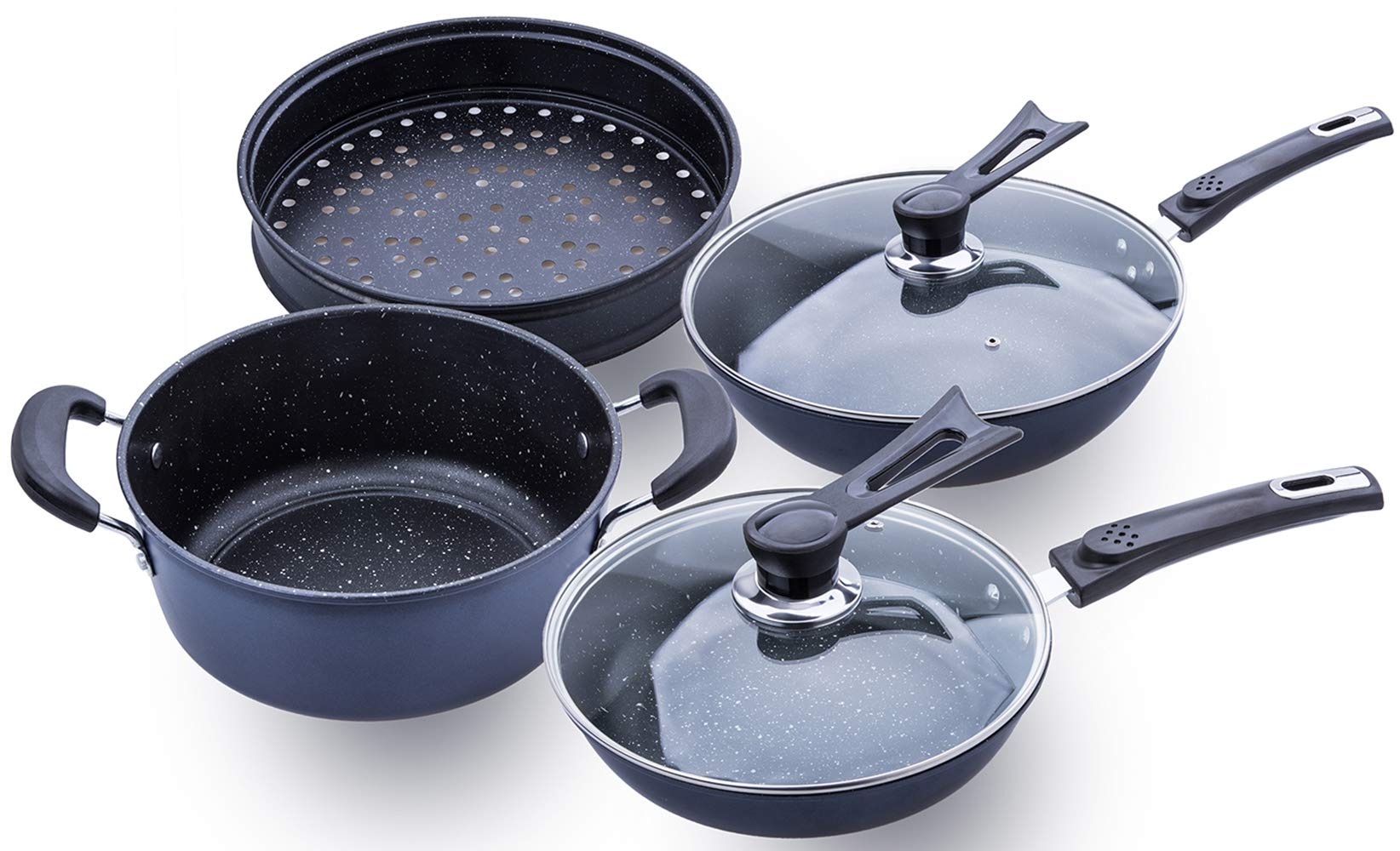 TAFOND 7 Piece Aluminum Nonstick Cookware Sets Includes Steamer insert Sauce Pot and Frying Pans with Glass lid Silicone spatula Blue