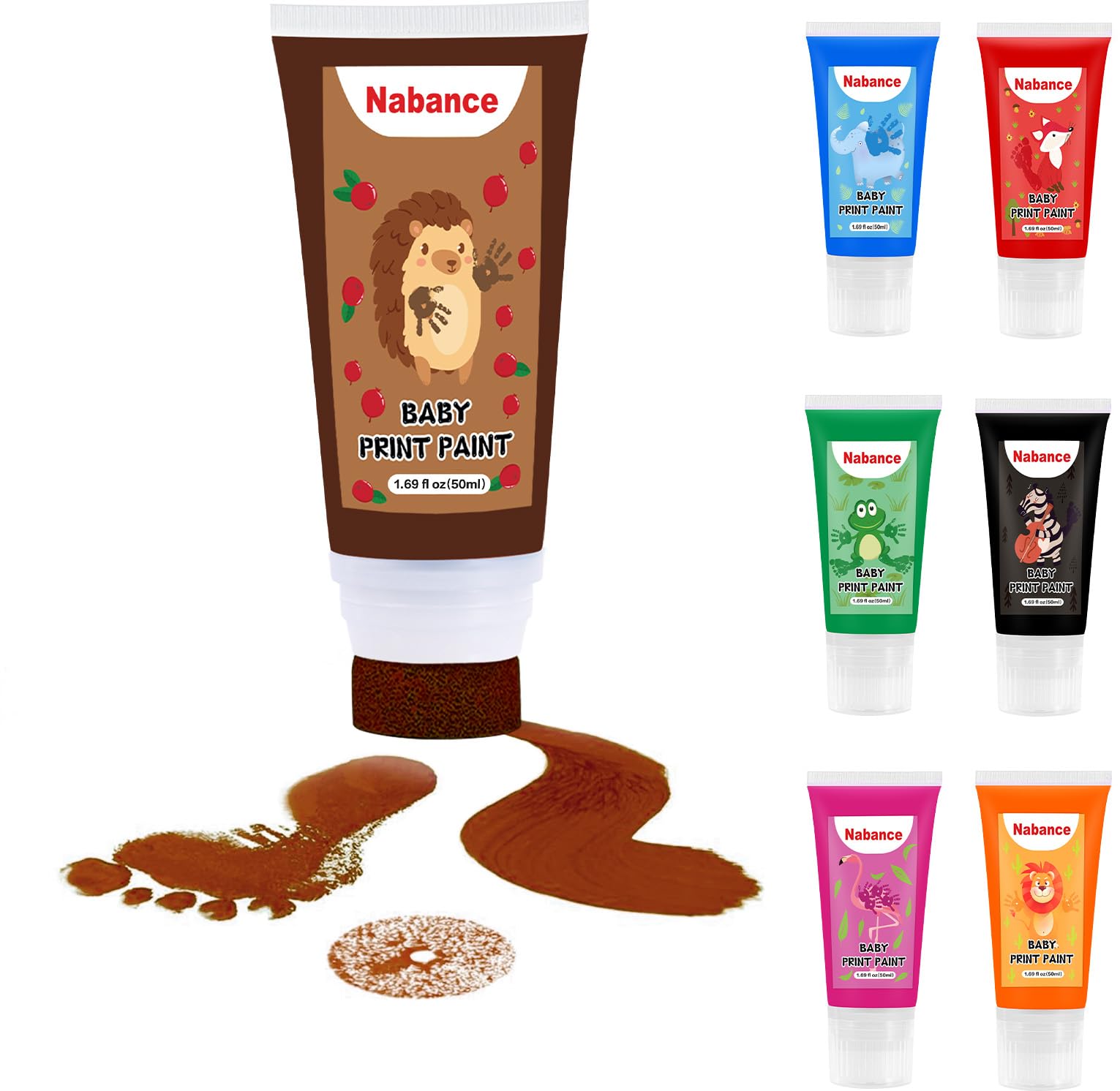 Nabance Baby Safe Paint for Handprints Non Toxic &Acid-Free, Baby Paint for Hands and Feet with Sponge Attachment for Easy Colour Application Dog Paw Print Kit Easy to Wash Off 50ml/Tube (Brown) — image 1