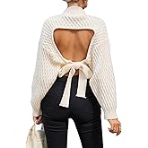 GORGLITTER Women's Bow Open Back Sweater Top Trendy Long Sleeve Backless Drop Shoulder Mock Neck Cable Knit Sweaters