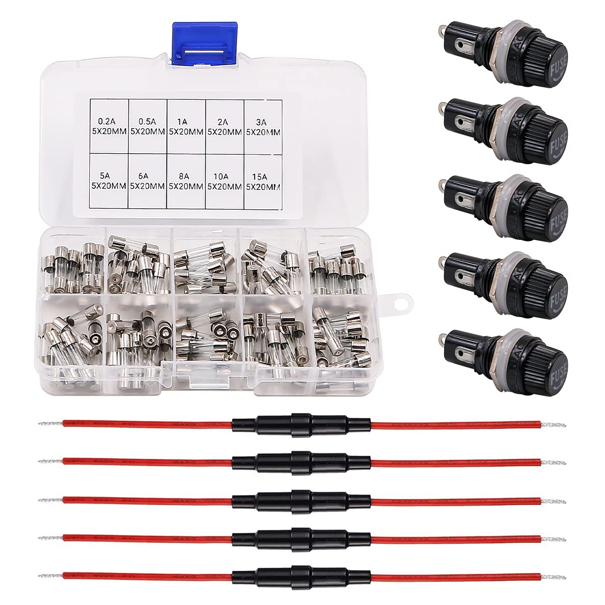 VOANZO 5pcs 5x20mm Fuse Holder Inline Screw Type with 22 AWG Wire + 100pcs Quick Blow Glass Tube Fuse Assorted Kit