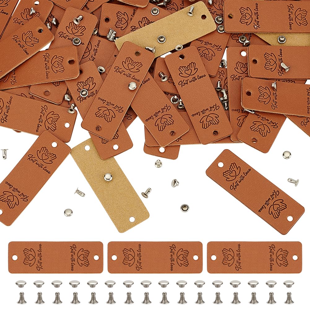 FINGERINSPIRE 48 Sets PU Leather Label 5.7x2cm Hand Pattern Handmade Leather Labels for Crochet Items Chocolate Color Rectangle Embossed Crochet Tags with Rivets for Clothing DIY Knitting Crafts