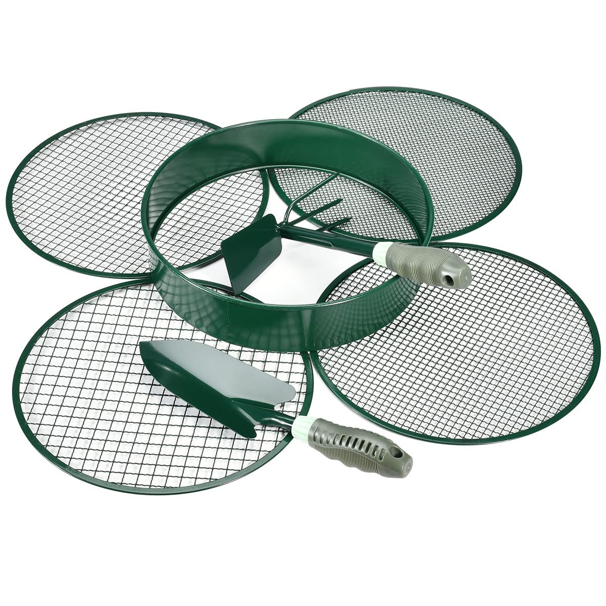 johgee Garden Sieve Metal, Soil Sieve, Garden Riddle Mesh Sizes 12mm/9mm/6mm/3mm, Gardening Sieve for Soil and Stones Large, Equipped with a Shovel and a Rake