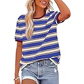 BTFBM Summer Tops for Women 2026 Crewneck Short Sleeve Striped T Shirts Casual Spring Clothes Color Block Basic Tee Blouses