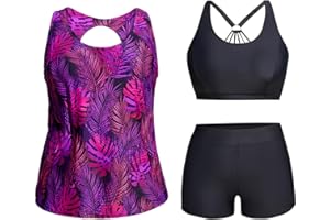 Holipick Women Plus Size 3 Piece Tankini Swimsuits Tummy Control Bathing Suits with Boy Shorts Tank Top with Sports Bra