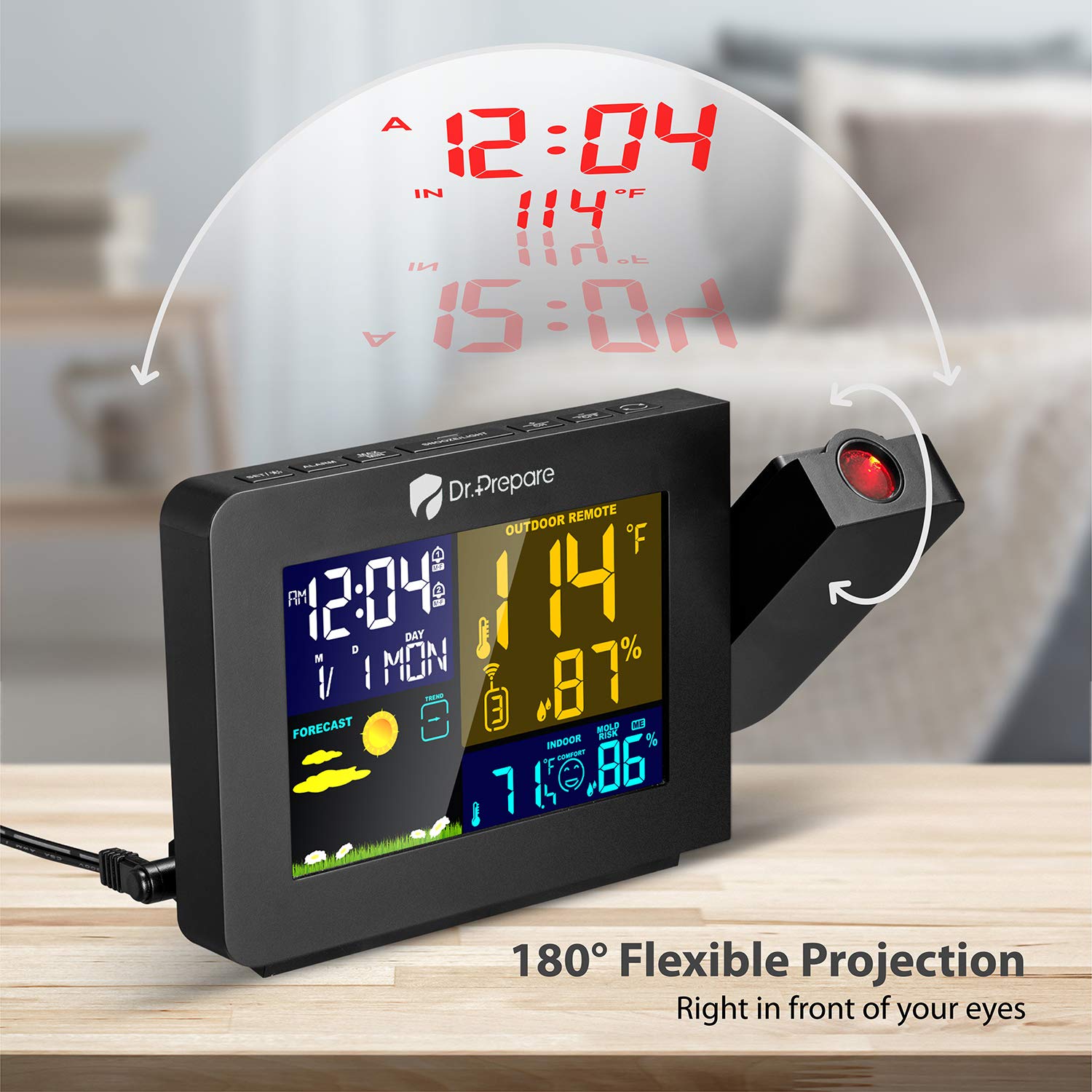 Dr Prepare Projection Alarm Clock with Indoor/Outdoor Temperature