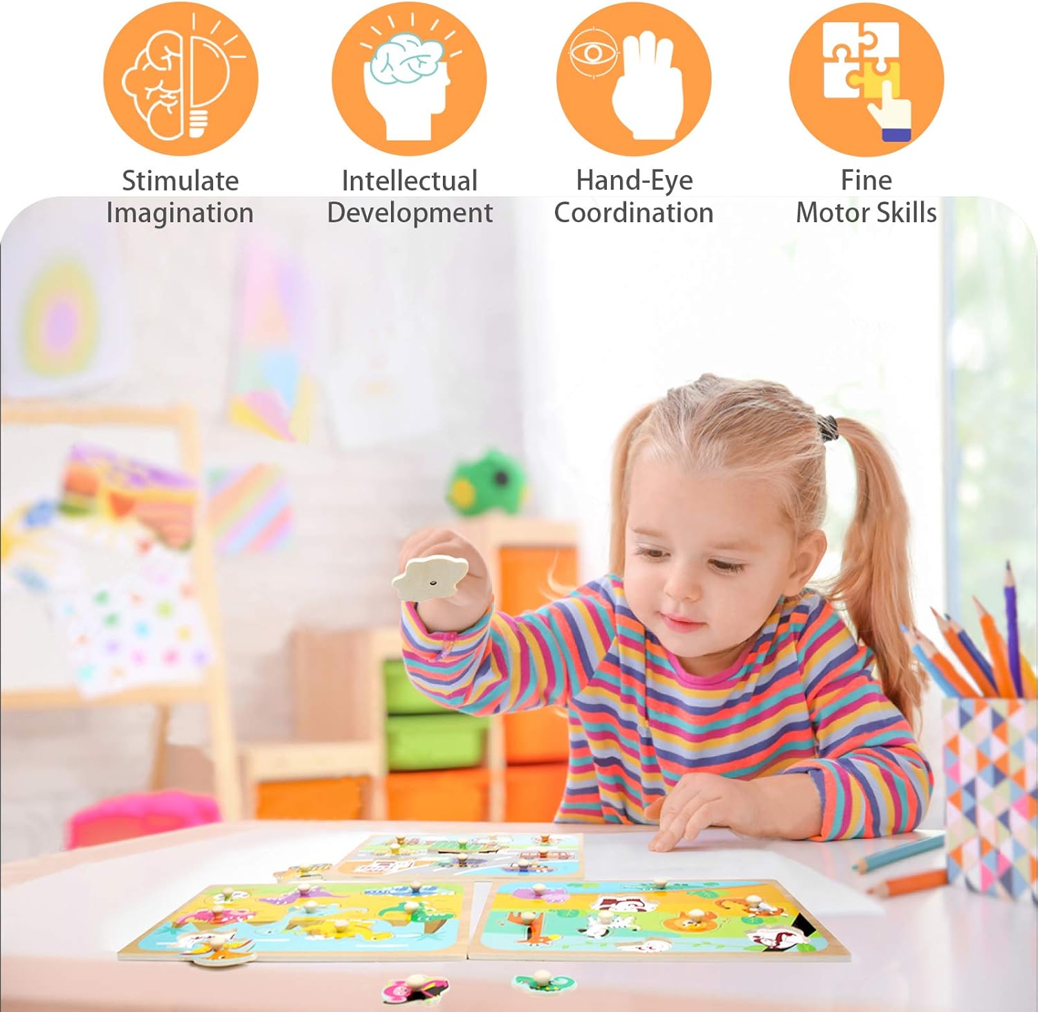 WOOD CITY Toddler Puzzles and Rack Set, Wooden Peg Puzzles Bundle with Storage Holder Rack, Educational Knob Puzzle for Kids Age 2 3 4 Years - Alphabet Number Shape Dinosaur Animal Vehicle: Toys & Games