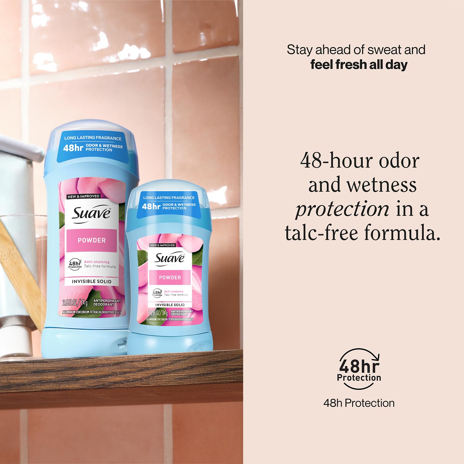 Suave Antiperspirant Deodorant for Women, Powder 2-Size Variety Pack – Anti-Staining Invisible Solid, Talc-Free (2 Piece Set)