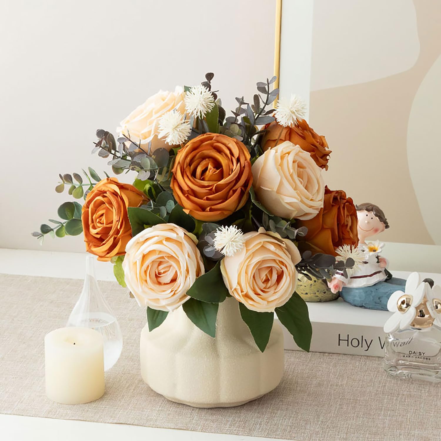 NAWEIDA Silk Roses Artificial Flowers in Vase,Fake Flowers Faux Flower Arrangement for Home Office Decoration, Dining Table Centerpiece