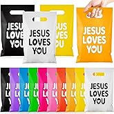 Kolldenn 100 Pcs Easter Christian Gift Bags Bulk Jesus Loves You Religious Baptism Plastic Gift Bags with Handles Colorful Bible Verse Candy for Jesus Birthday Party Sunday School
