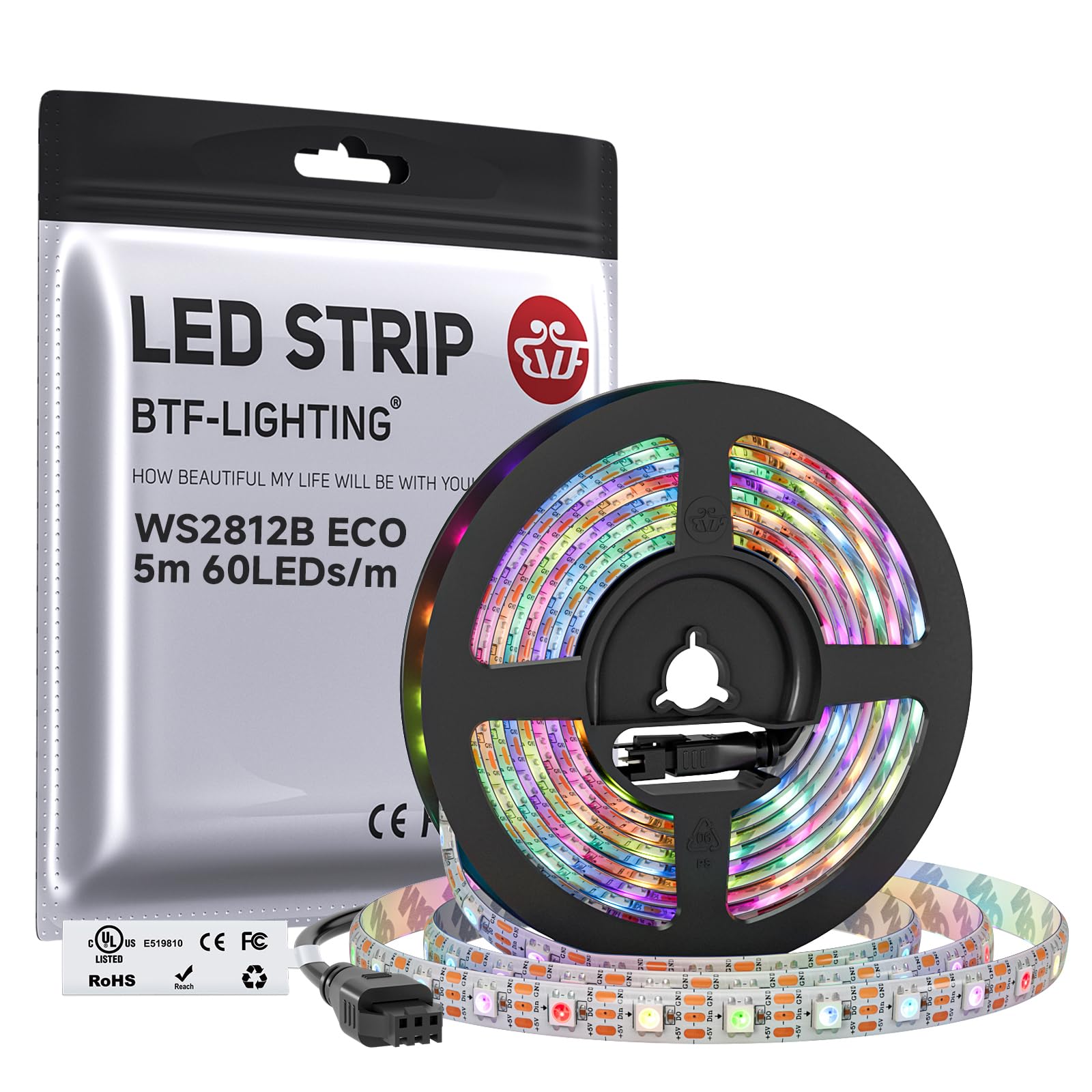 BTF-LIGHTING WS2812E ECO RGB Alloy Wires 5050SMD Individual Addressable 16.4FT 60Pixels/m 300Pixels Flexible White PCB Full Color LED Pixel Strip Dream Color IP30 Non-Waterproof DIY Projects Only DC5V