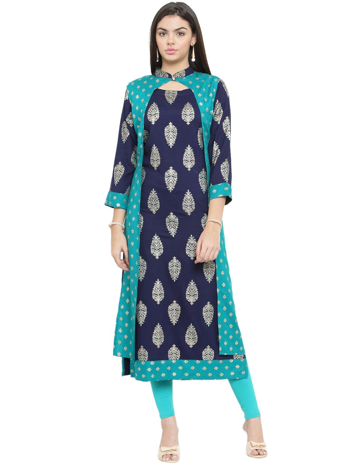 aadhunik libaas navyblue jacket with ramagreen kurti block print flared rayon kurti for women's/girl's