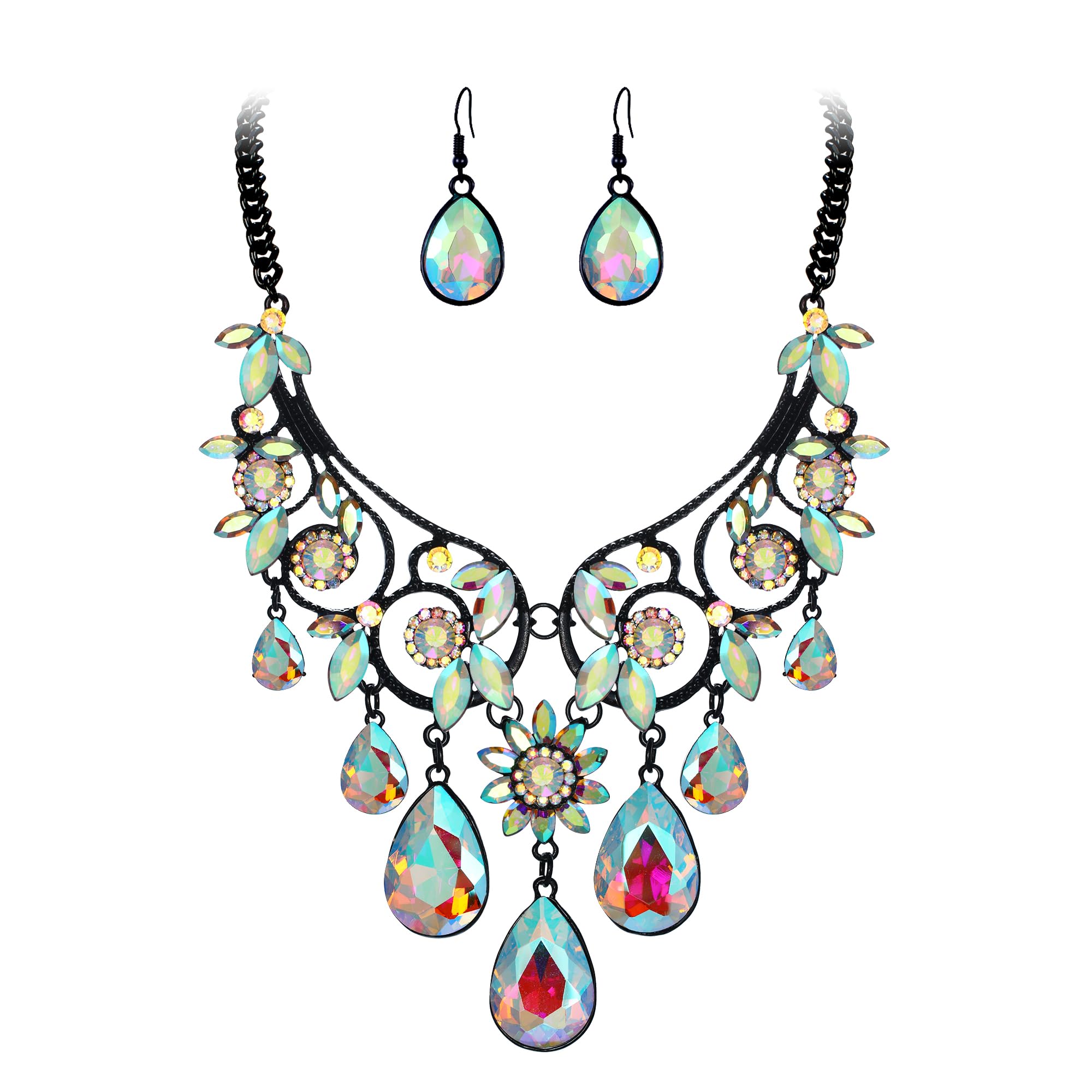 Clearine Halloween Jewellery Crystal Gemstone Diamante Chunky Tribal Ethnic Costume Statement Necklace Dangle Earrings Wedding Bridal Set Iridescent AB Black-Tone