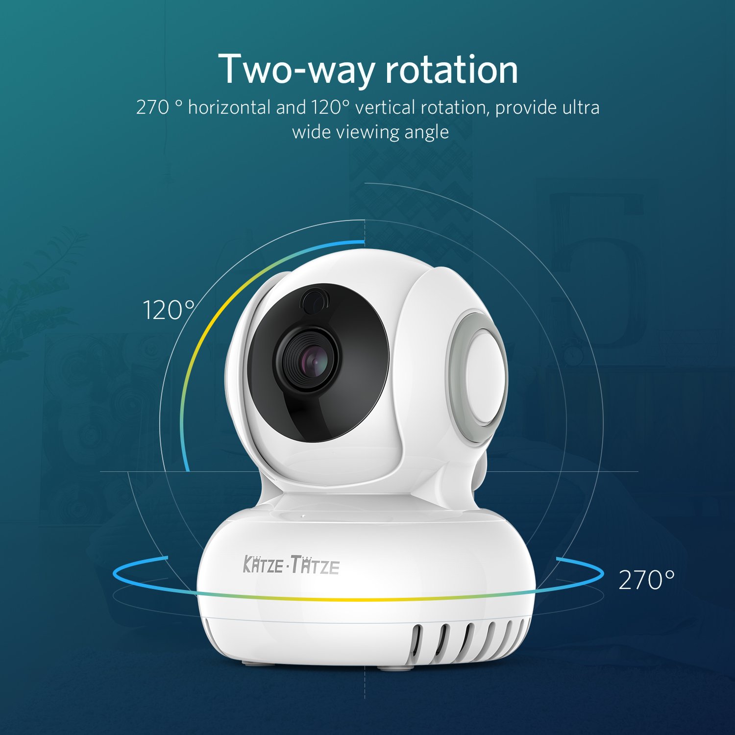 Katze-Tatze Baby Monitor WiFi Home Surveillance IP Camera for Baby/Pet/Nanny Monitor, Work with Echo Show Alexa, 2-Way Audio & Night Vision, Pan/Tilt, Motion Detect