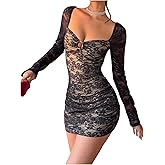 SweatyRocks Women's Floral Lace Long Sleeve Bodycon Mini Dress Sexy Backless Sweetheart Neck Ruched Dresses