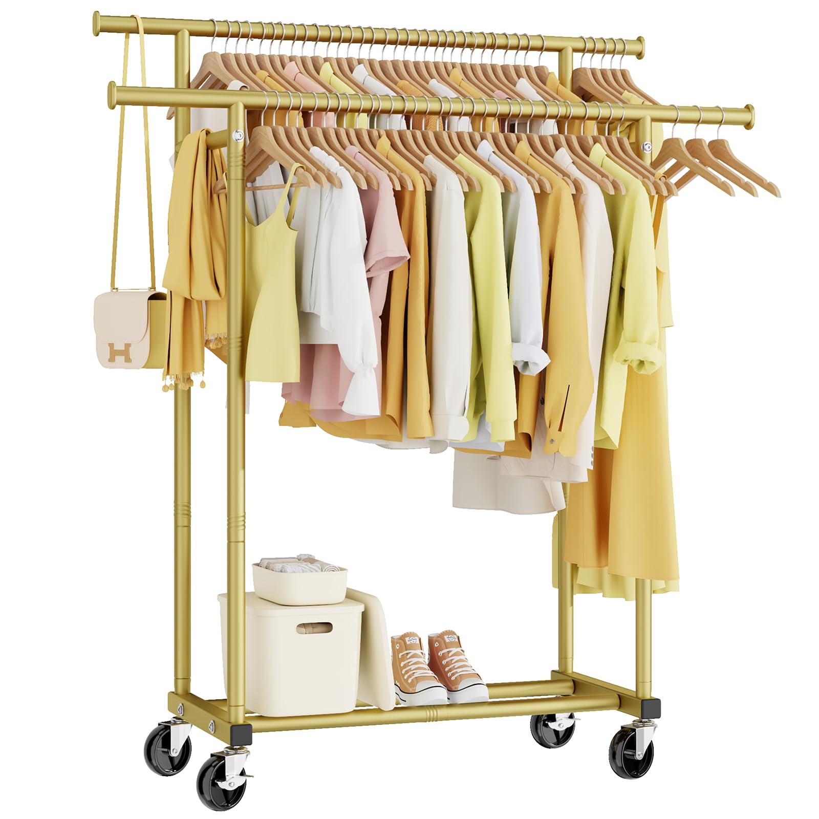 Photo 1 of HYSEYY Double Rods Clothes Rack, Sturdy Rolling Clothing Rack, Portable Clothing Racks for Hanging Clothes - Metal Garment Rack Wardrobe Coat Rack for Bedroom Laundry Living Room, Gold