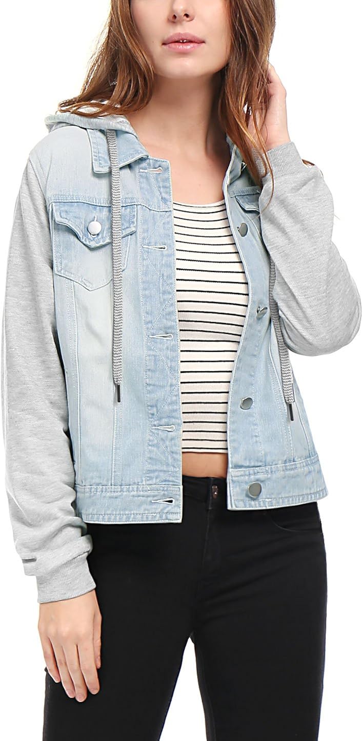 Allegra K Womens Layered Drawstring Hood Denim Jacket w Pockets Coats, Jackets & Vests Women