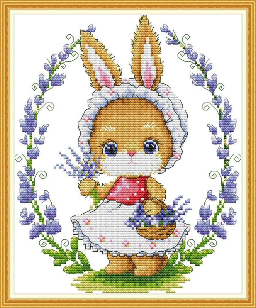 WOWDECOR Cross Stitch Embroidery Kits for Adults Kids, Lovely Rabbit Animals Flowers 11CT Stamped DIY DMC Needlework Easy Beginners