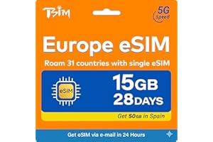 Europe eSIM Card 50GB in Spain / 15Gb in European Countries – Valid for 28 Days – Unlimited Local Calls – Spain Number – Get 