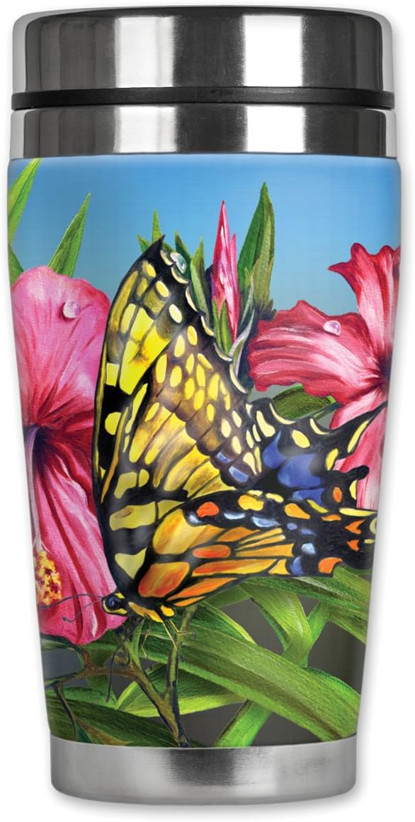 Mugzie Yellow Butterfly Travel Mug with Insulated Wetsuit Cover, 16 oz, Black