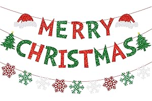 PECLEK Red Green Merry Christmas Banner Decorations - Glitter Paper Banner for Christmas Xmas Decorations Indoor, Home Office Party Fireplace Mantle Farmhouse Decor
