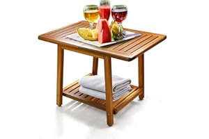 ENKEZI Acacia 24 Inches Outdoor Side Table, 2-Tier Sturdy Patio, End Table Weather Resistant, Strong Stability Side Table for Patio, Pool, Porch, Teak Finish (Acacia Brown)