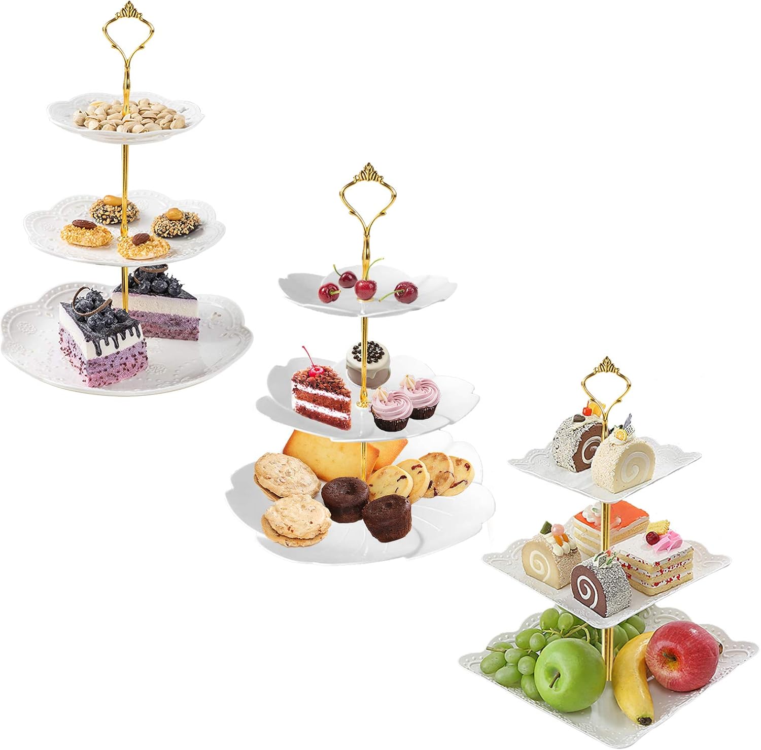3 Set 3 Tier White Dessert Stands, Plastic Tiered Cake Stands, Fruit Candy Display Includes Square/Sakura-Shaped/Round Dessert Tiered Stand for Wedding Birthday Family Party