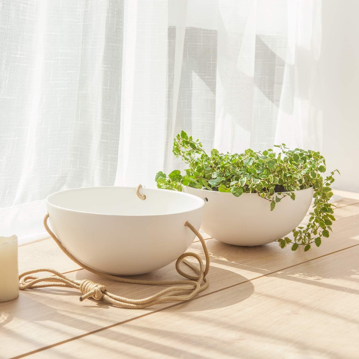 Mkono 9 Inch Ceramic Hanging Planter Indoor Outdoor Modern Round Flower Plant Pot White Porcelain Hanging Basket with Polyester Rope Hanger for Herbs Ferns Ivy Crawling Plants, Set of 2: Garden & Outdoor