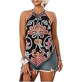BEAUDRM Women's Plus Size Paisley Halter Top Boho Tie Back Asymmetrical Summer Tops