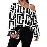 MakeMeChic Women's Plus Size Graphic Print One Shoulder Blouses Long Sleeve Party Fall Tops