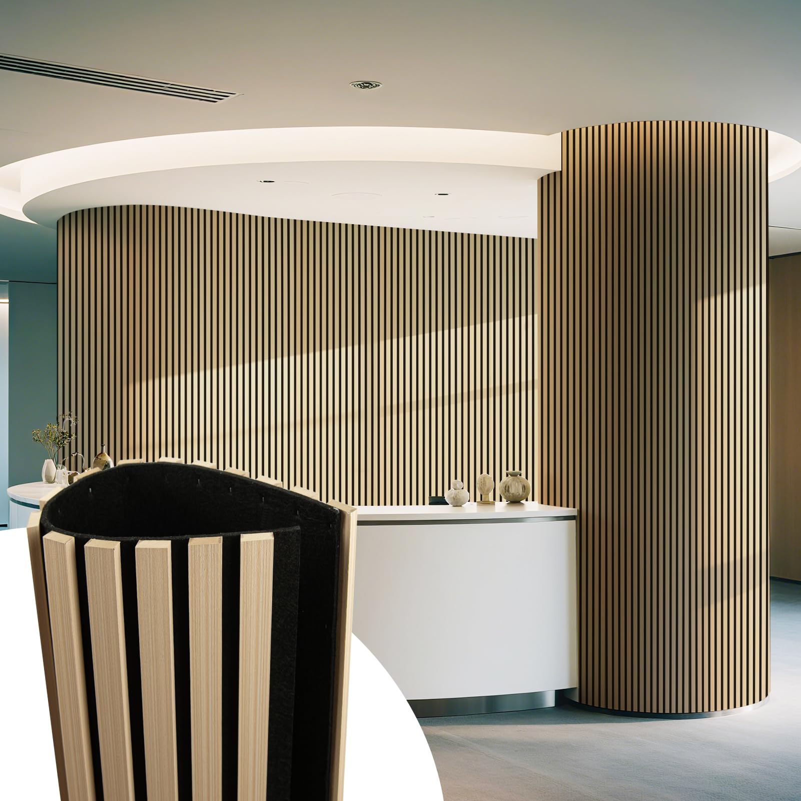 Photo 1 of Art3d Acoustic Wood Slat Wall Panel with Roll-Flat Design - 95.3 x 23.8 Inch Sound Absorbing Panels for Living Room Columns Corridor Curved Wall Decor, 1-Pack Oak