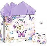 80th Birthday Bag for Women Floral Butterfly 80th Birthday Gift Bag with Purple Wrapping Paper Card Sticker Envelope for Her, Mom, Grandma, Cheers to 80 Years Old Gifts Presents 1946 Party Decorations