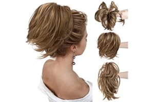 CJL HAIR Claw Clip Short Ponytail Hair Extensions Bendable Metals Messy Bun Hair piece Wavy Curly Fake Hairpieces (Dark Blonde/Ash Brown, Straight,8inch)