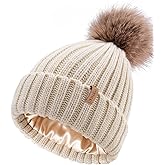 FURTALK Womens Winter Beanie Hat Satin Lined Faux Fur Pom Pom Beanies Hat for Women Winter Warm Knit Hats