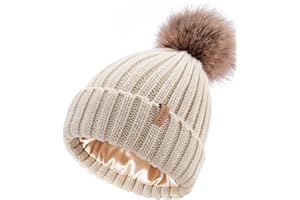 FURTALK Womens Winter Beanie Hat Satin Lined Faux Fur Pom Pom Beanies Hat for Women Winter Warm Knit Hats